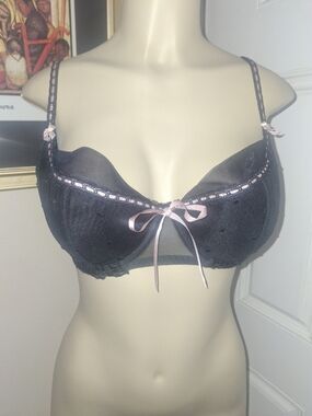 Jezebel Black Lace Underwire Bra with Pink Ribbon Accents